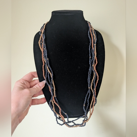 Elegant Beaded Necklace in Blue and Tan - Picture 1 of 8